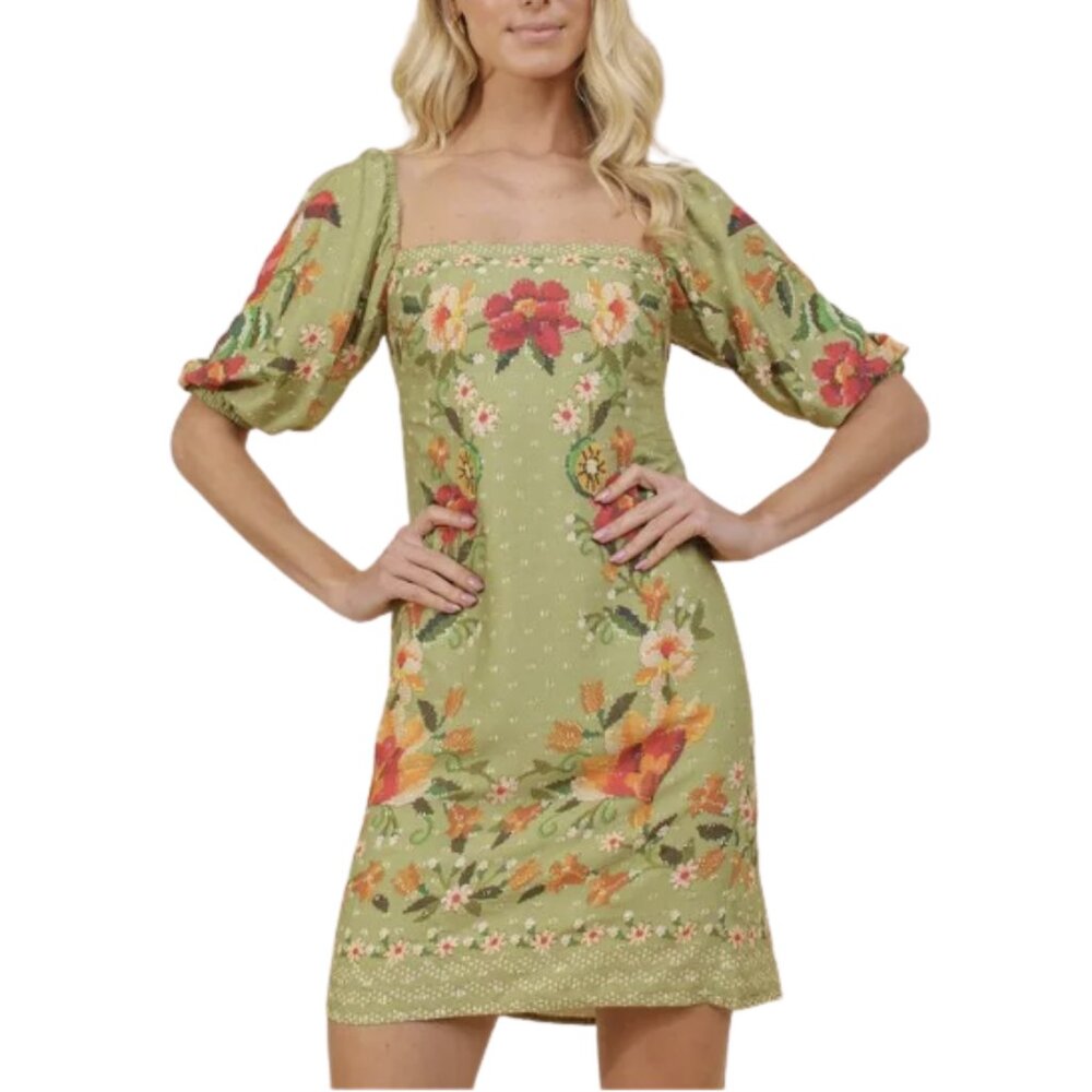 FARM RIO Garden Cross Stitch Puff Sleeve Smocked Dress Size XS Green Floral